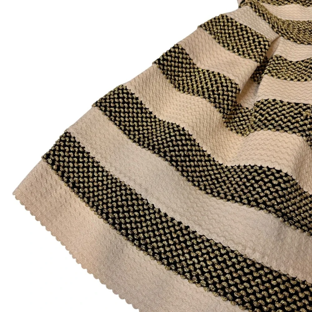 Lore Black Gold Cream Striped Strapless Pleated Fit and Flare Dress Size M Lo're